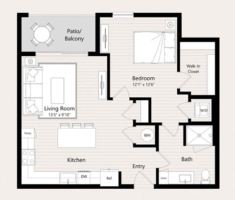 Floor plan for 1 bed, 1 bath, 747 sqft